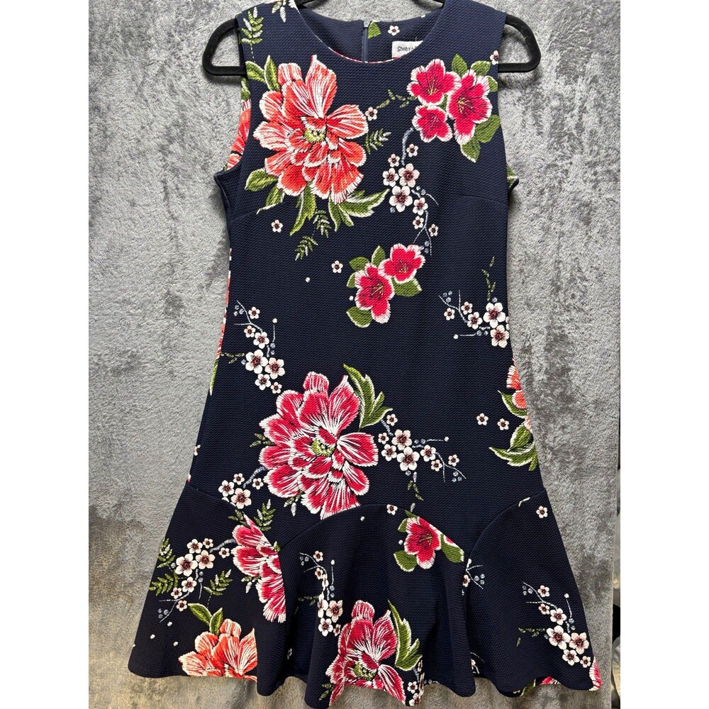 Shelby & Palmer Size 6 Navy Floral Knit A-Line Knee Dress Stretch Ruffle Hem